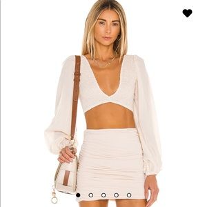 Indah Biru Solid Ruched Bodice Crop Top in Opal